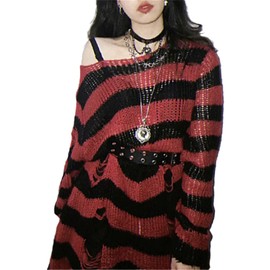 URAWESO Red and Black Goth Distressed Stripe Knit Sweater Dress for Women Long Sleeve Hole Ripped Harajuku Pullover Top