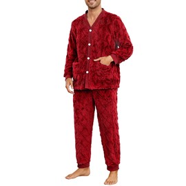 Vulcanodon Mens Plush Warm Pajama Sets Soft Fluffy Long Fuzzy Sleepwear with Pockets Cozy Loungewear Pjs Set for Men(BURGUNDY, M)