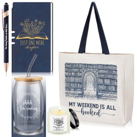 Blushtier Set of 5 Book Lovers Gifts Teacher Appreciation Include 16oz Drinking Glass with Lid Straw Scented Candle Canvas Tote Bag A6 Journal with Ballpoint Pen for Christmas Student Reader(Blue)