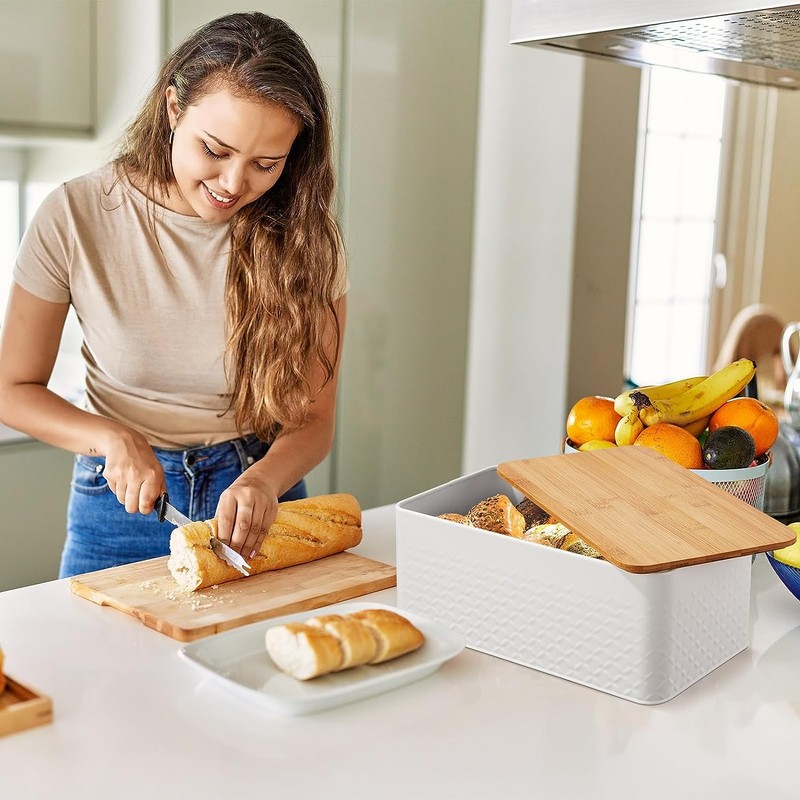 Widousy Bread Bin with Bamboo Lid, White Bread storage box