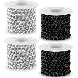 Jadive 4 Rolls 39.4 Feet in Total Aluminium Curb Chains Twisted Links Curb Spool Jewelry Making Chains for Bracelet Necklace Jewelry Making (Black, Silver)