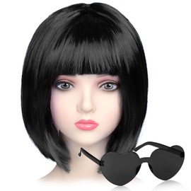 iZoeL Bob Wig Short Bob Wig Women's Black Hair Wigs Straight with Flat Fringe 80s 70s Wig Glasses Carnival Fancy Dress Cosplay Wig