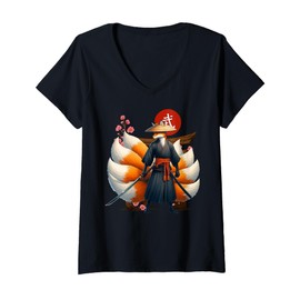 Womens Samurai Kitsune Fox Japan Folklore Aesthetic Culture V-Neck T-Shirt