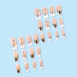 24Pcs Christmas French Tip Press On Nails - Medium Square, Winter Snowflake Designs, Glossy Full Cover Glue On Nails for Women's Manicure