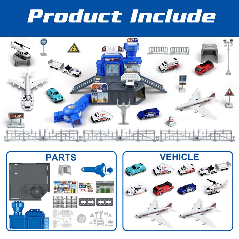 Airplane Toy Set with Trucks, Helicopter, Planes, Signs and Airport
