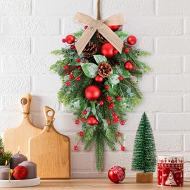 24" Christmas Wreaths for Front Door 2 PCS Christmas Teardrop Swag Winter Wreath with Red Ball Red Berry Pine Needles for Indoor Outdoor Farmhouse Home Wall Window Festival Wedding Decor