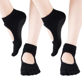 COMFORTIS Women's Yoga Socks, Pilates Socks, Set of 2, Anti-Slip, 5 Finger Yoga Socks, Black, Free size
