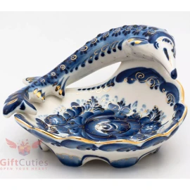 Gzhel Porcelain Caviar server bowl holder plate Sturgeon Acipenser Hand painted