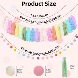 2 PCS Rainbow Boho Tassel Garland, 6.5 Feet Pom Pom Tassel 20 Felt Balls, Colorful Wall Hanging Banner Pastel Fabric Decor for Classroom,Party,Nursery,Wedding,Birthday Party & Home Decoration