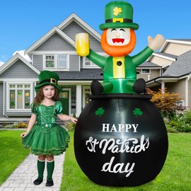 B&D 6FT St Patricks Day Inflatables Outdoor Decorations, Blow Up Leprechaun Holds Beer Cup Sitting on Pot of Gold Built-in LED Lights, St Patricks Day Decorations for Irish Day Yard Garden Lawn Decor