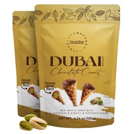 BeeMax Dubai Style Chocolate Cones - 4.24oz Resealable Pouch (Pack of 2) - Mini Waffle Cones Filled with Milk Chocolate, Pistachio Cream & Crunchy Kadaifi - Gourmet Middle Eastern Candy for Gifting & Indulging