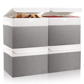 Bagnizer Large 22 Quart Linen Fabric Foldable Storage Bin Cube Organizer Basket with Flip-Top Lid & Handles, Clothes Blanket Box for Home, Office, Closet, Gray & White, 4 Pack 14.6 x 9.5 x 9.5”