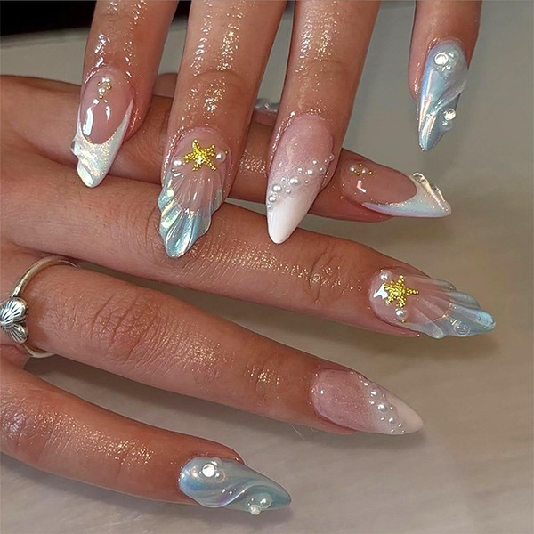 3D Star Pearl Press on Nails with French Tip False