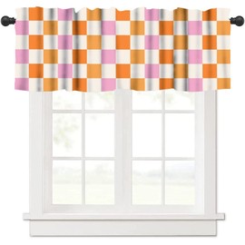FengMingRui Retro Boho Valances Curtains Hippie Vintage 70s Geometric Square Grid Yellow Orange Pink 1960s Country Farmhouse Windows Curtain Valance for Kitchen Bedroom Decor One Panel 54x18inch