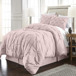 3 Piece Pintuck Comforter Set Queen Size, Pinch Pleated Beautiful Solid Color Classic Contemporary Luxurious Elegant Textured Decorative Pink Bedding Comfortable Warm Soft Cozy Comfy Microfiber Fabric