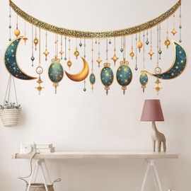 WINDVALE Ramadan Wall Stickers Islamic Muslim Wall Decals Hanging Eid Mubarak Ramadan Kareem Lantern Moon Star Window Clings for Home Living Room Bedroom Kitchen Decor