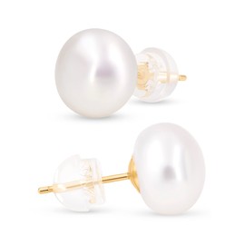KEZEF Pearl Stud Earrings for Women 14K Real Gold Freshwater Cultured Pearl Earrings - 8.5-9mm Pearls