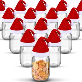 Hicarer 16 Set Christmas Plastic Mason Jars and Mini Santa Hat 12 oz Clear Plastic Jars with Lids Flannel Tiny Christmas Hat Empty Round Plastic Jars for Candies Cookies Storage (Plaid Style)