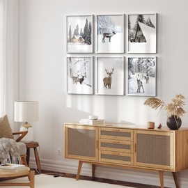 Framed Wall Art Collage Print Gallery Set, Winter Wonderland Snowy Forest and Reindeer Scenes Nature Illustrations Modern Decorative Colorful for Living Room, Bedroom, Office - 12"x16"x 6 White
