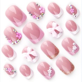 24Pcs French Tip Press on Nails Short Square Fake Nails with Luxury Bow Charms Design Silver Rhinestones Nail Tips False Nails Pink Stick on Nails Nude Full Cover Artificial Glue on Nails for Women
