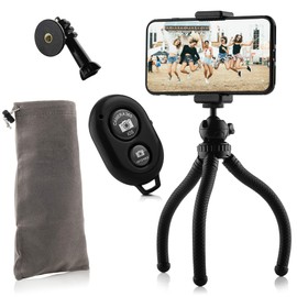MOJOGEAR Flexible tripod with extra sturdy legs KIT - With phone holder, bluetooth remote, action cam adapter & storage bag - Up to 24 cm high - For smartphone, compact camera & action cam - Black