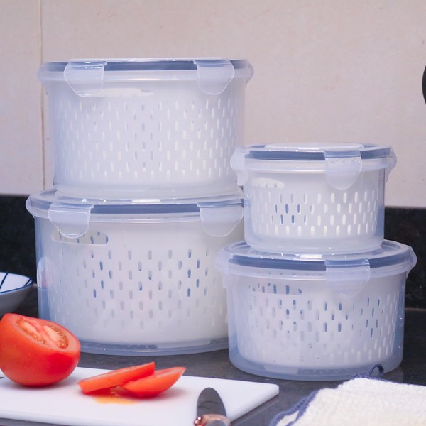 4 PCS Fruit Storage Containers For Fridge With Removable Colander,