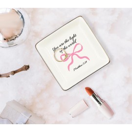 WODMIS Christian Coquette Bow Ceramic Jewelry Tray Dish, Bible Verse Preppy Jewelry Plate Ring Trinket Dish, Trendy Aesthetic Ribbon Gifts for Women Bestie Best Friends 508