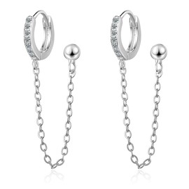 9mm CZ Small Huggie Hoop Earrings Dainty Crystal Cartilage Tiny Ball Threader Chain Drop Dangle Stud Delicate Double Holes Cuff Wrap Crawler Climbers Hypoallergenic Studs for Women (Silver)