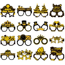 Runloon 16Pcs Happy New Year Eyeglasses, Black Gold New Years 2025 Glasses New Year Party Favors New Year Eve Glasses Happy New Year Party Glasses Photo Booth Props New Years Eve Party Supplies 2025
