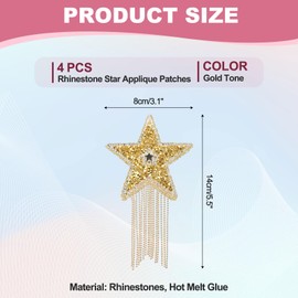 PATIKIL Star Rhinestone Patches, 4 Pcs Star Shape Iron on Applique Patches Rhinestone Applique Glitter Crystal Patches with Gold Tassel for Shoes Clothes Pants Bags, Gold Tone