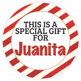 This is a Gift for Juanita - 10 Pack Circle Stickers 3 Inch - Candy Cane Merry Christmas Gift Tag Present Tree Holiday Custom Name Santa Claus