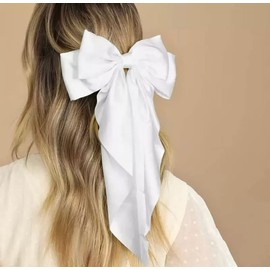 1PC Satin Hair Bows for Women Large Hair Barrettes Ribbon for Girls Giant Long Bow Hair Clips Ponytail Holder Silk Big Hair Clips Accessories for Women(White)