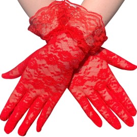 speedway 5 Colors Women Short Lace Floral  Gloves Gothic Bride Wedding Mittens  - Red