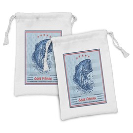 Ambesonne Fishing Fabric Pouch Set of 2, Vintage Design Trout Fish Stars in American Flag Colored Frame Illustration, Small Drawstring Bag for Toiletries Masks and Favors, 9" x 6", Multicolor