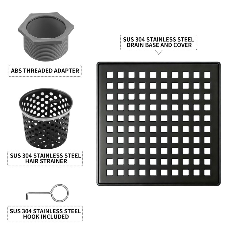 BAUNVB Square Shower Drain 4 inch, Matte Black 304 Stainless
