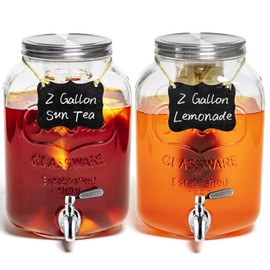 2 PCS 2 Gallon Drink Dispensers - Glass Peverage Dispenser for Parties with 18/8 Stainless Steel Spigots, Lemonade Dispenser Juice, Water Dispensers Sun Tea Glass Jar for Outside, Mother's Day Gift