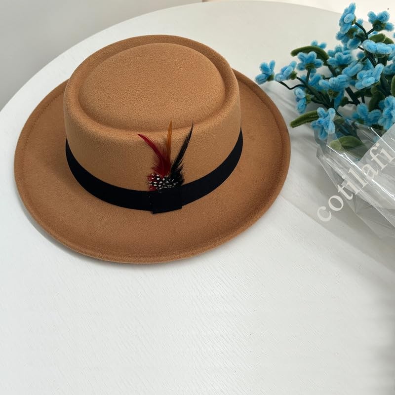 Cotilafi Classic Pork Pie Hat with Feathers Flat Top Fedora,
