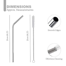 Pack of Four Stainless Steel Straws and Brush Set - Reusable Metal Milkshake Straws, Great for Smoothie, Water, Juice, Curved Silver Design