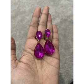 Unbranded 2” Clip On Long Gold Hot Pink Fuchsia Rhinestone Teardrop Crystal Prom Earrings