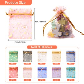80PCS Moon Star Organza Bags Jewelry Candy Bags Mixed Color Wedding Favor Bags with Drawstring Pouches Satin Drawstring Organza Pouch for Christmas Wedding Party Valentine's Day 2.8 x 3.5 Inch