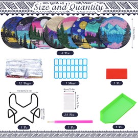 VEGCOO 8 Pcs Diamond Painting Coasters with Holder, DIY Cup Coasters Diamond Art Kits - Diamond Painting Kits for Adults Kids - Wooden Coasters for Car Home Office (Landscape)