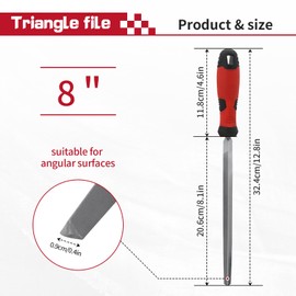 8 Inch Triangle Metal File, Professional Carbon Steel File Tool Metal File with Rubber Anti Slip Handle, Hand Triangle File for Filing or Trimming Holes Ideal for Wood, Metal, Plastic