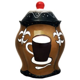ACK Tuscany Hand Painted Fleur De Lis Coffee Design Collection Ceramic Cookie Jar with Lid, Food Storage Jar, Kitchen Décor, Snack Storage Container for Cookie, Candy