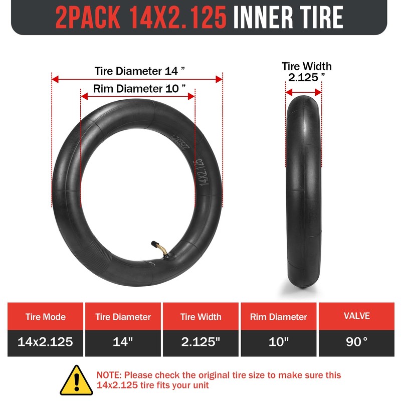 2-Pack 14x2.125 Bike Inner Tube,14 Inch E-Bike Tubes with Angled