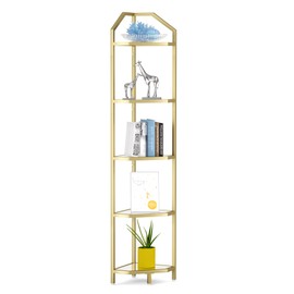 5-Tier Corner Shelf Stand, Gold Corner Bookshelf, Bathroom Storage Rack Shelf, Plant Rack, Tempered Glass, Steel Frame, Modern Style for Living Room, Bathroom, Kitchen, Metallic Gold