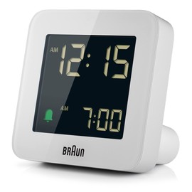 Braun digital alarm clock with snooze, negative LCD display, quick set, crescendo beep alarm in white, model BC09W