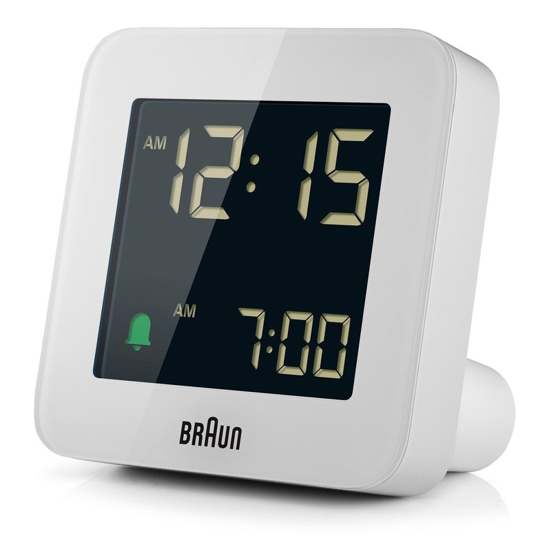 Braun digital alarm clock with snooze, negative LCD display, quick