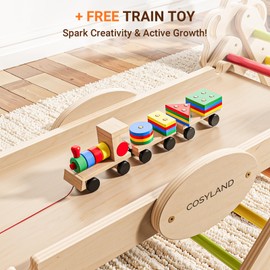 COSYLAND Pikler Triangle Set - 8 in 1 Montessori Climbing Toys for Toddlers 18M-3Y, Foldable Wooden Indoor Jungle Gym & Playground with Train Toy & Gift Box, Anti-Tip, ASTM Certified, Warm Tones