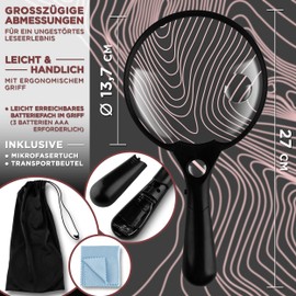 CLEMENS Lupe mit Licht - 3 Zoomstufen Vergrößerungsglas - Lupenreine Schärfe - Leichte Handlupe für Kinder, Senioren - Inkl. Linsentuch & Beutel
