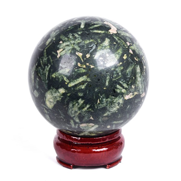AMOYSTONE Natural Crystal Ball Decorative Balls Divination Sphere with Wood Stand 71-80mm Healing Crystals Ball Large Dark Green Stone Ball for Feng Shui, Reiki